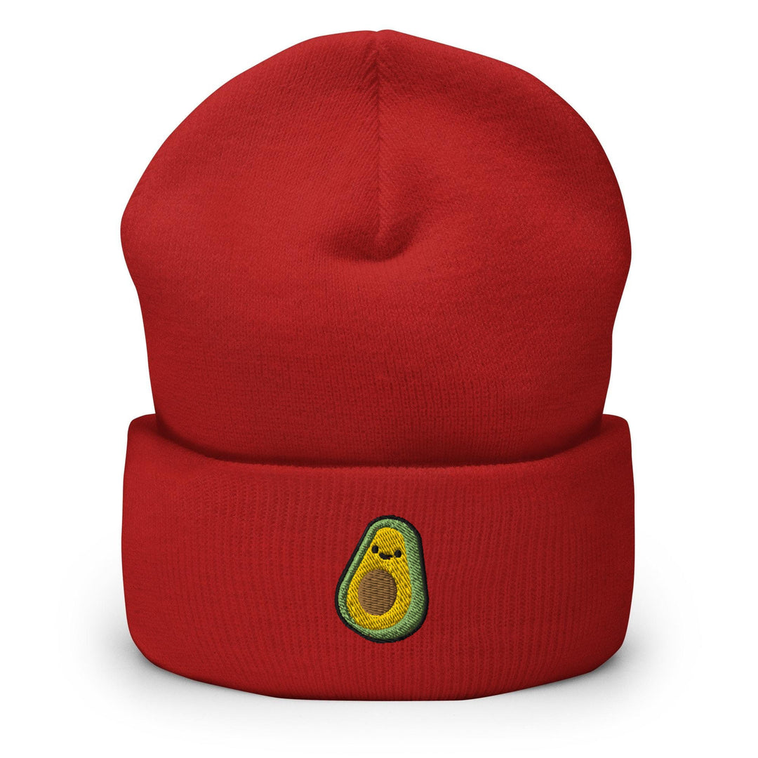 a red beanie with an avocado embroidered on it