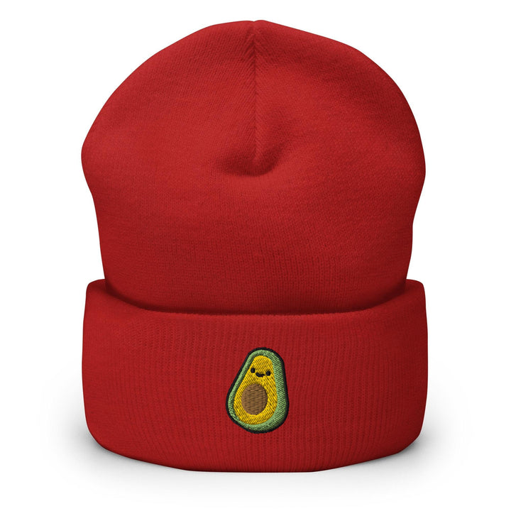 a red beanie with an avocado embroidered on it