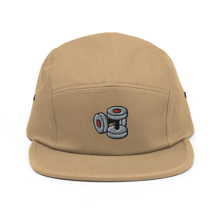 a tan hat with a camera embroidered on it