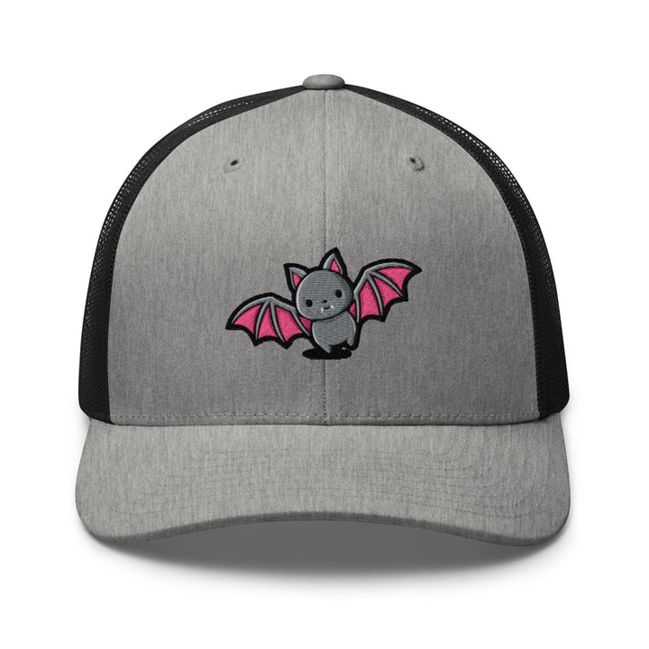 a gray and black hat with a pink bat on it