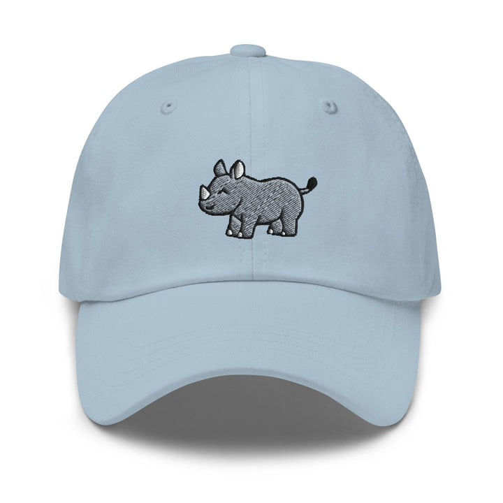 a light blue hat with a rhino embroidered on the front