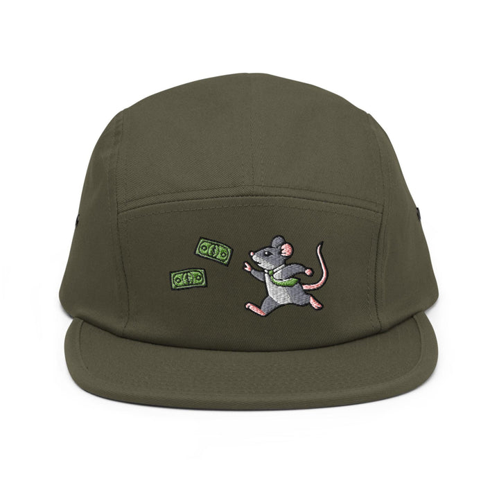 a green hat with a cartoon mouse on it