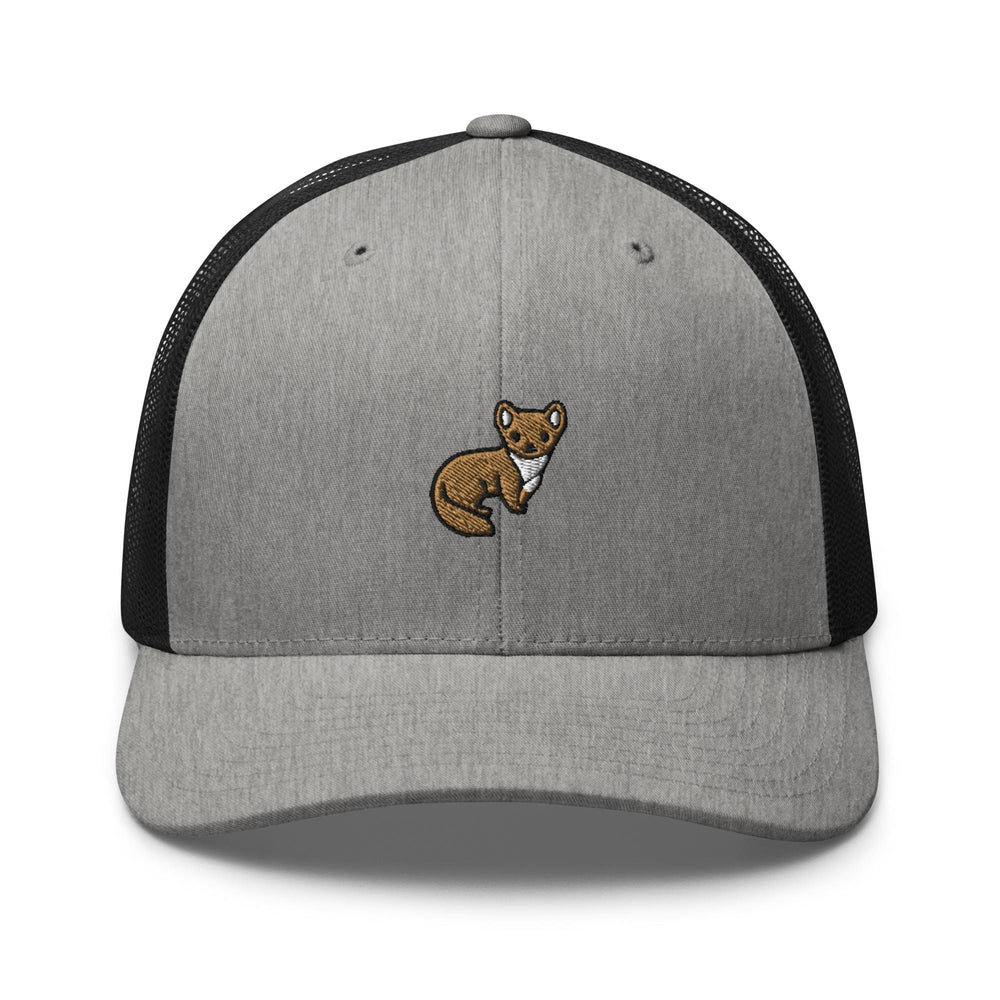 a gray and black hat with a brown bear embroidered on it