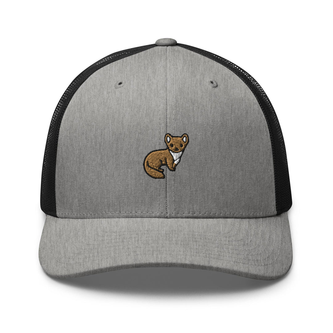 a gray and black hat with a brown bear embroidered on it