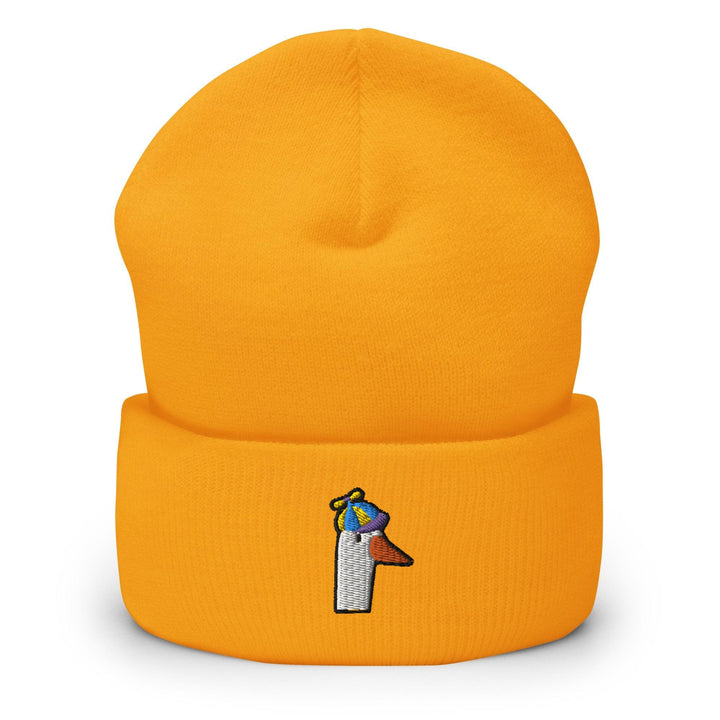 a yellow hat with a bird on top of it