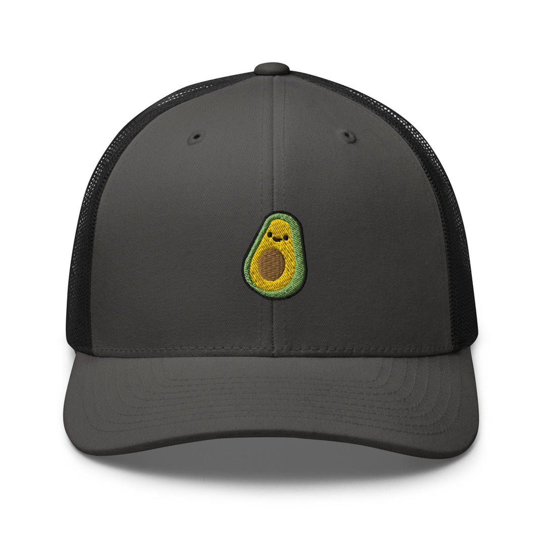 a grey trucker hat with an avocado embroidered on the front