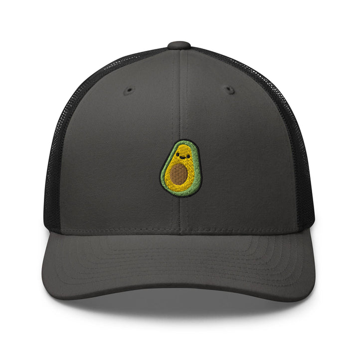 a grey trucker hat with an avocado embroidered on the front