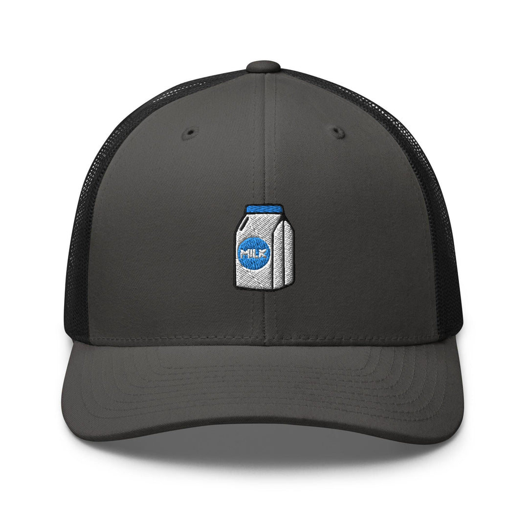 a gray and black trucker hat with an image of a can of milk