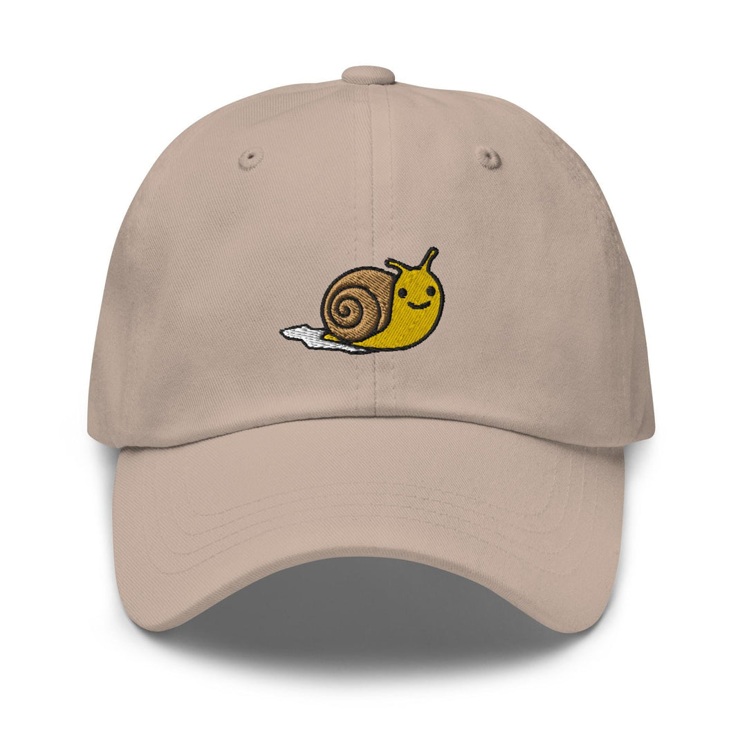 a baseball cap with a snail on it