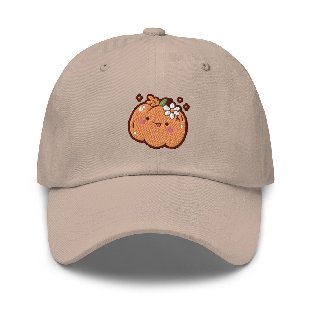 a baseball cap with an image of a pumpkin on it