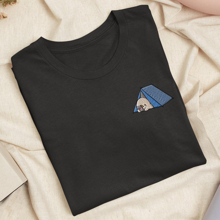 a black t - shirt with a picture of a dog in a cone on it