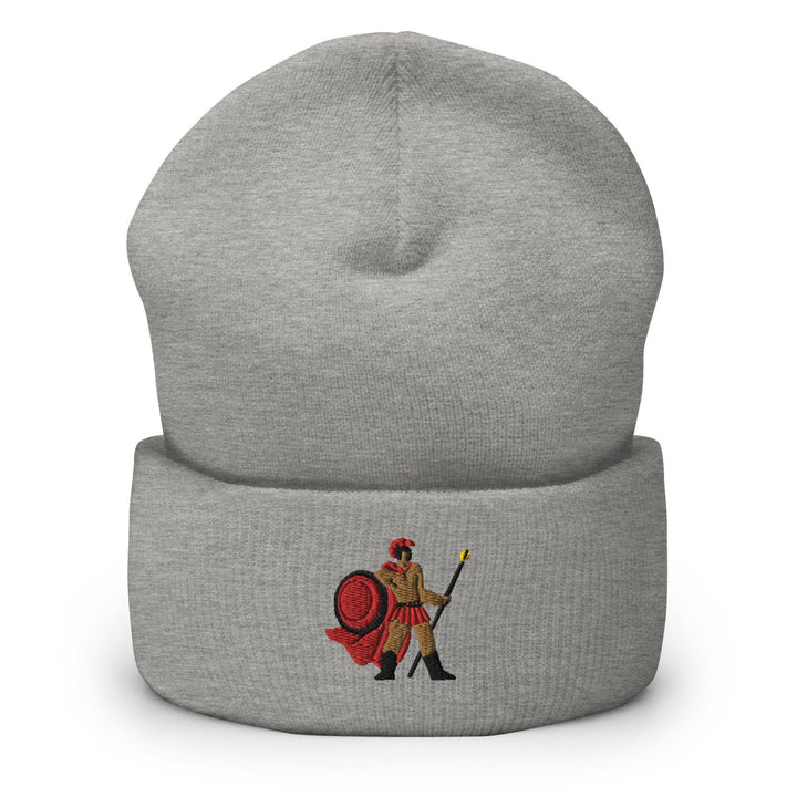 a gray beanie with a picture of a man holding a spear