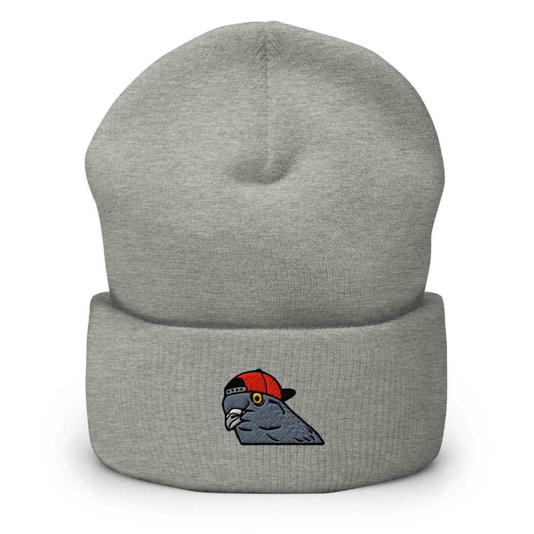 a grey beanie with a red hat on it