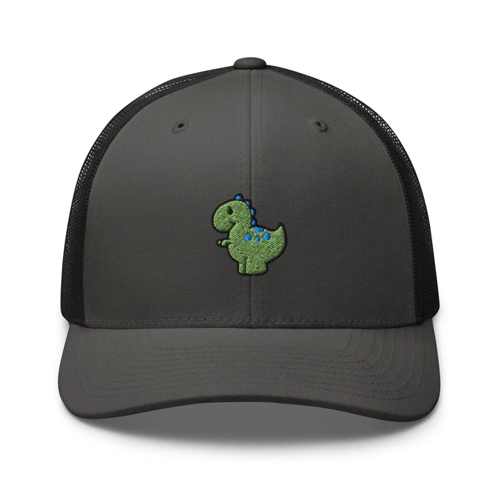 a gray and black trucker hat with a green dinosaur embroidered on the front