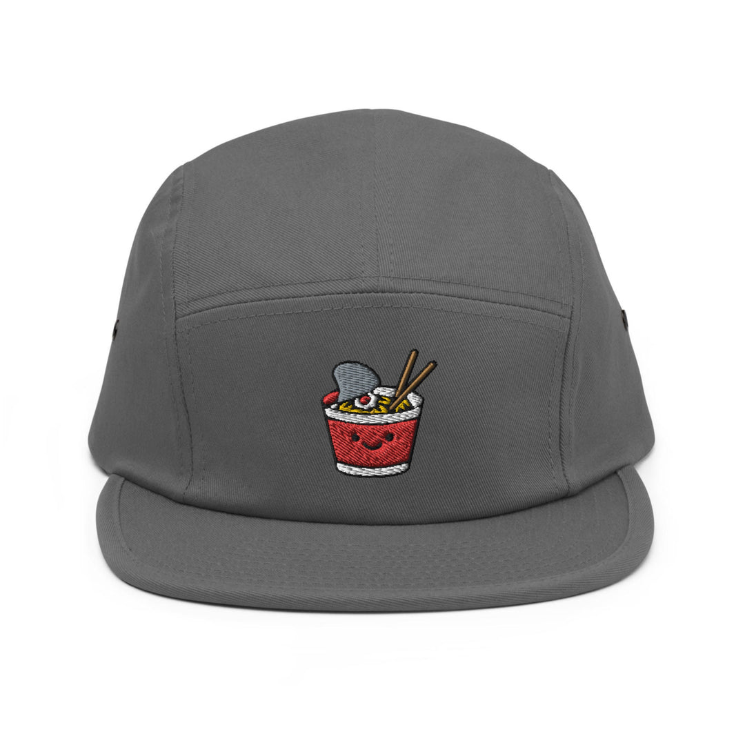 a gray hat with a picture of a bowl of food on it