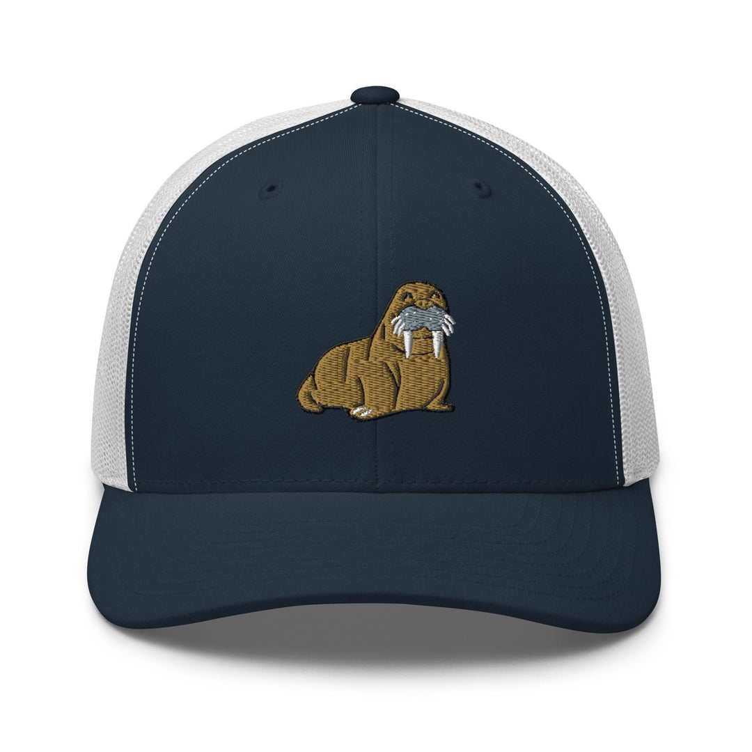 a blue and white trucker hat with a dog embroidered on the front