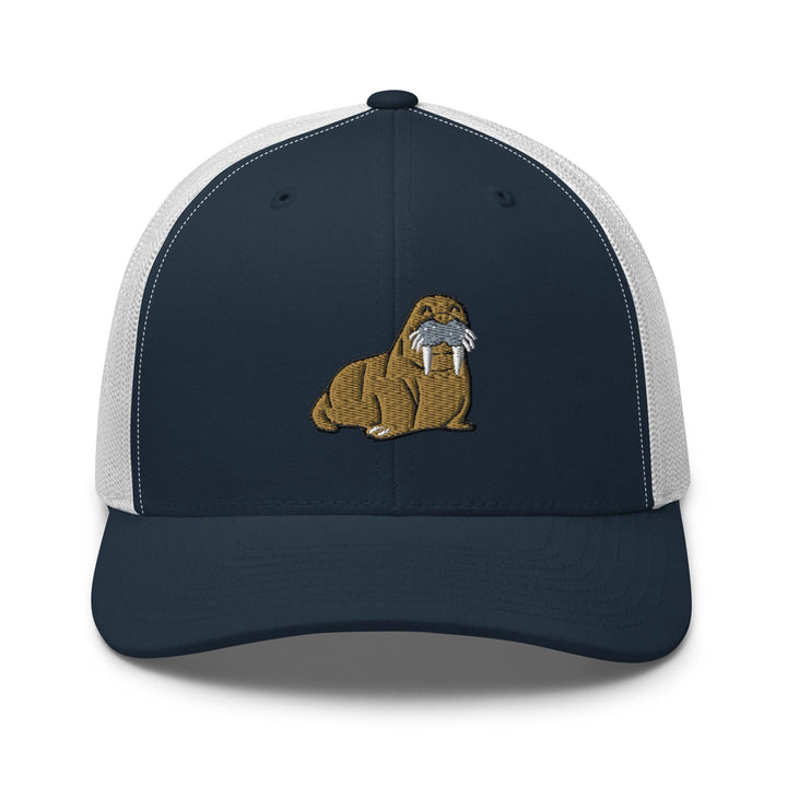 a blue and white trucker hat with a dog embroidered on the front