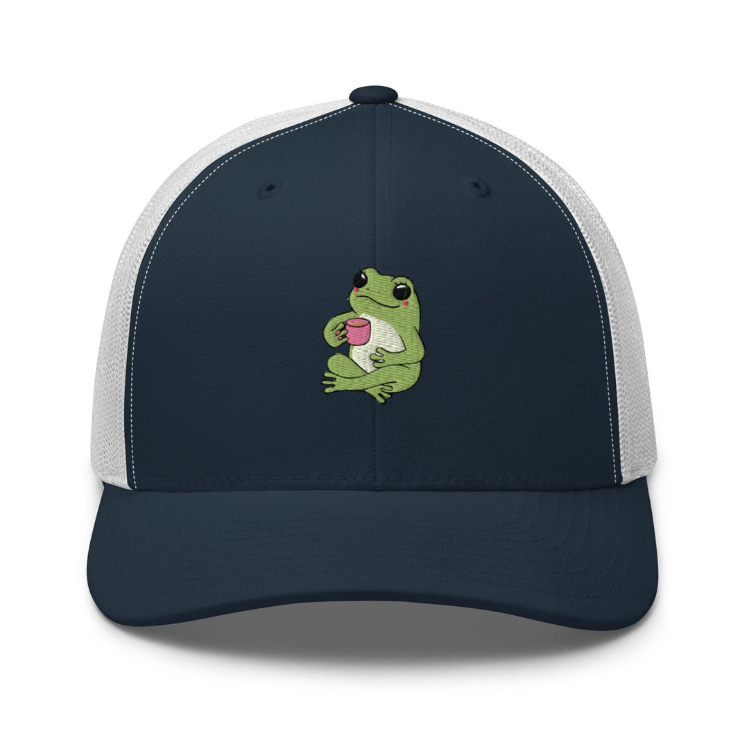a blue and white trucker hat with a frog on it