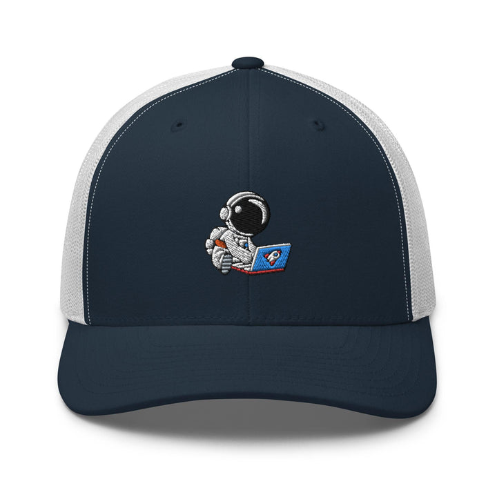 a blue and white trucker hat with an astronaut reading a book
