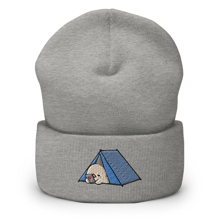 a gray beanie with a blue tent on it