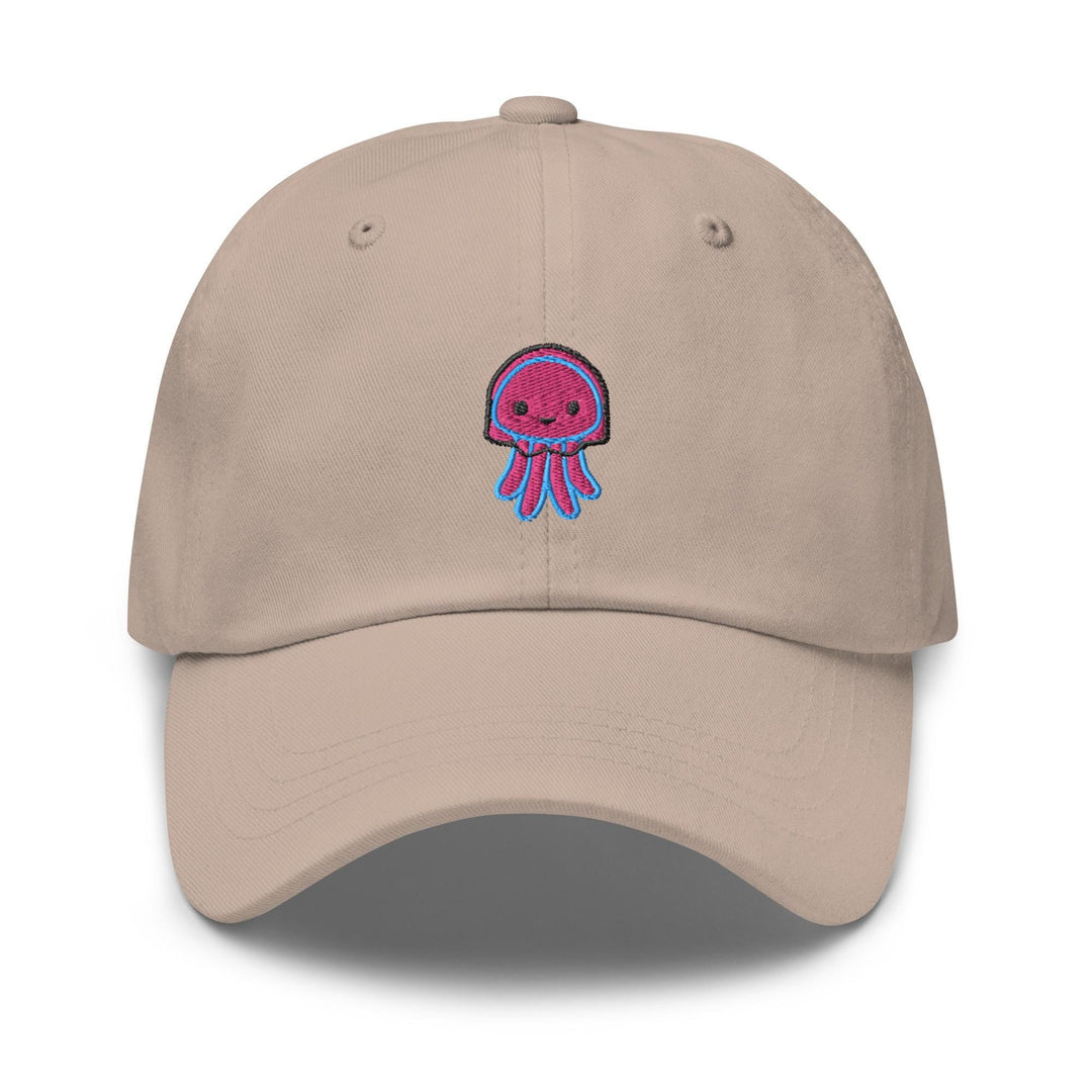 a tan hat with a pink jellyfish embroidered on it