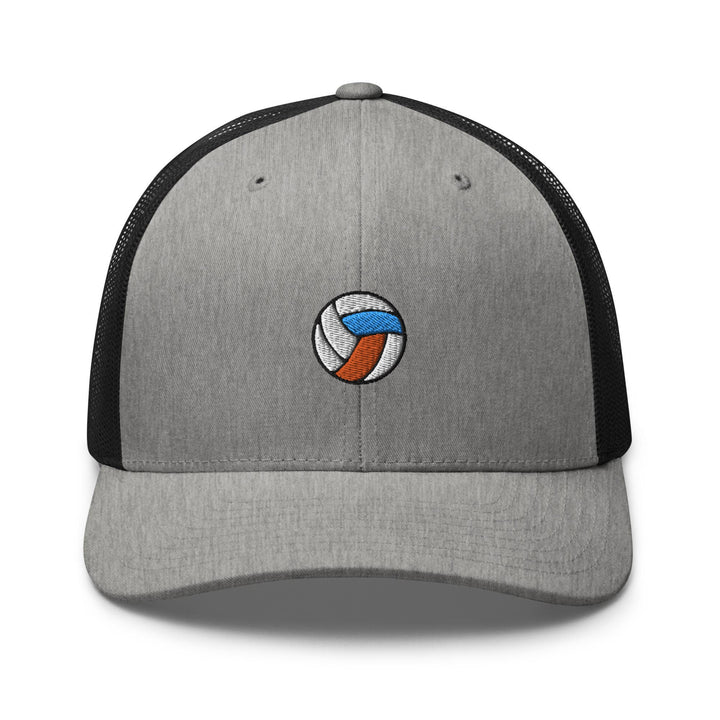 a gray and black trucker hat with a volleyball ball on it
