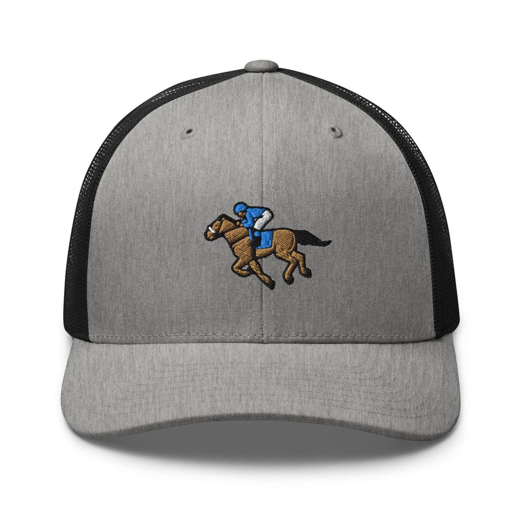 a gray hat with a horse and jockey on it