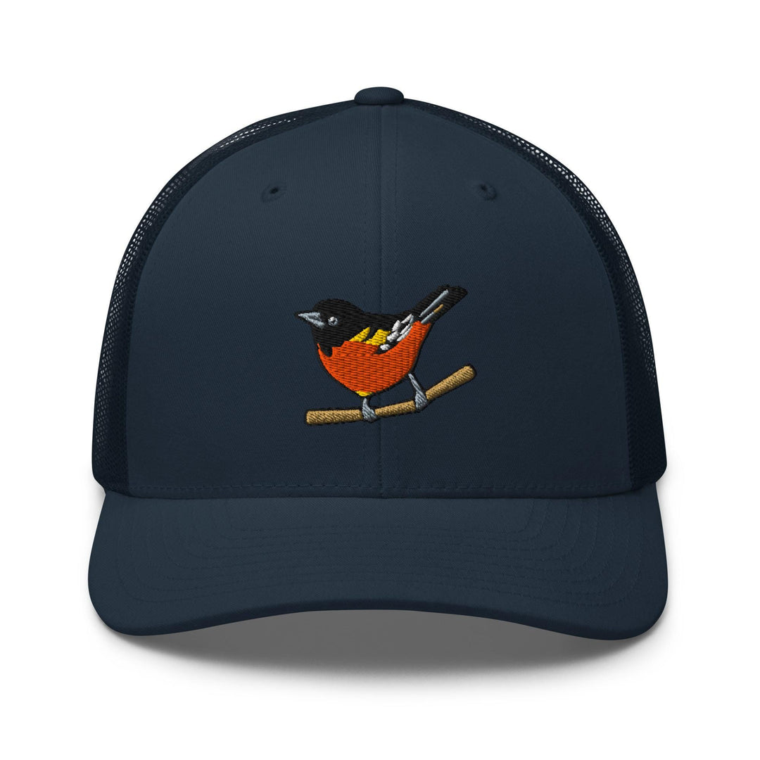 a blue hat with a bird on it