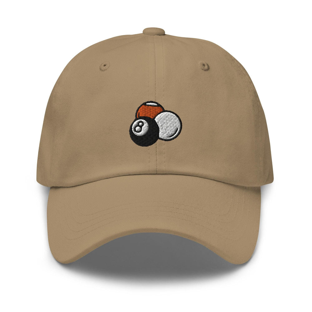 a tan hat with a billiard ball embroidered on it