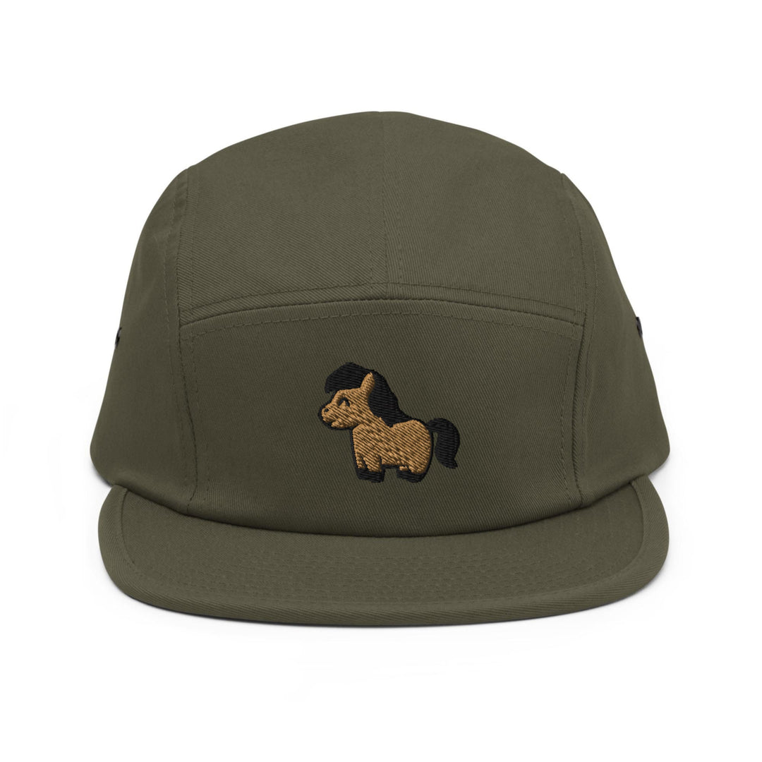 a green hat with a horse embroidered on it