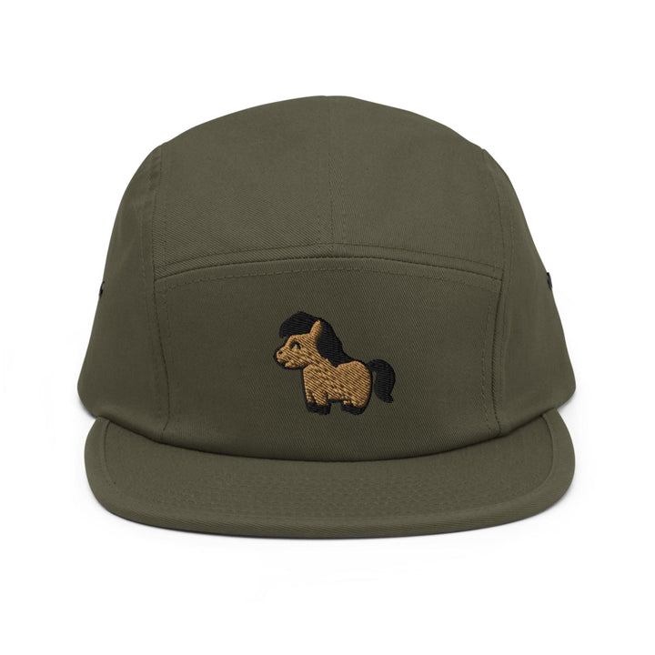a green hat with a horse embroidered on it