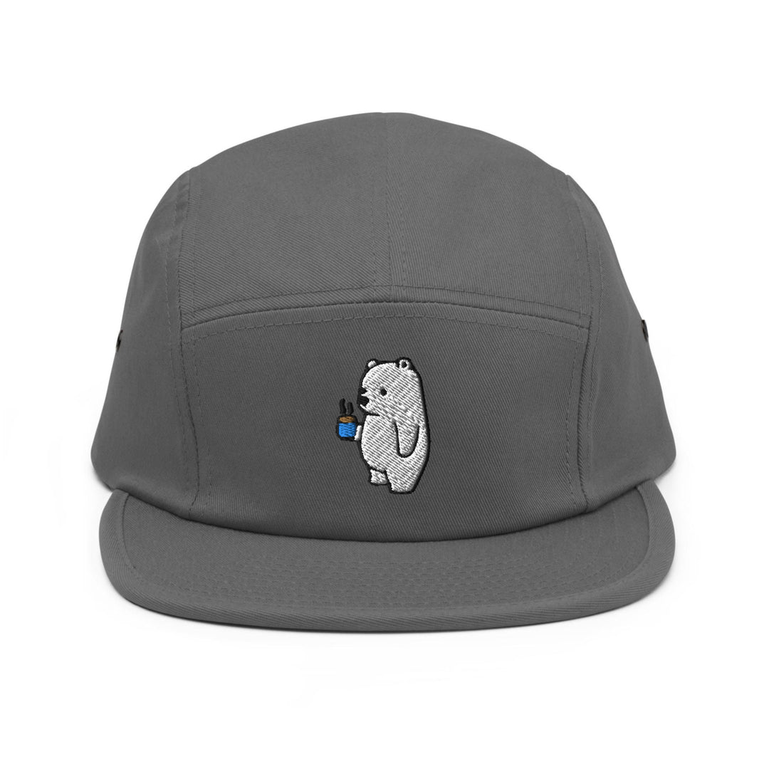 a grey hat with a polar bear embroidered on it