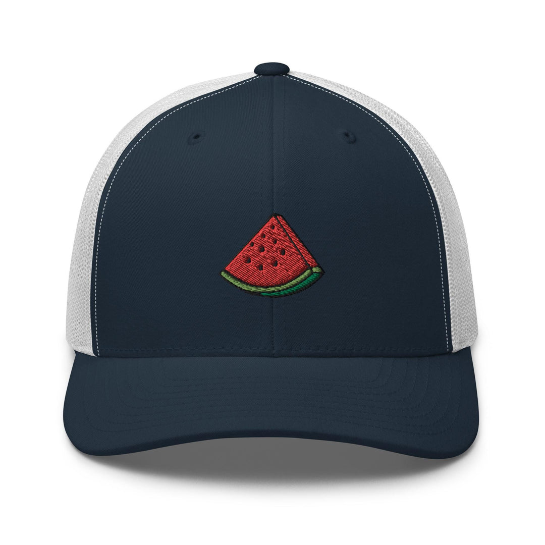 a blue and white trucker hat with a watermelon patch