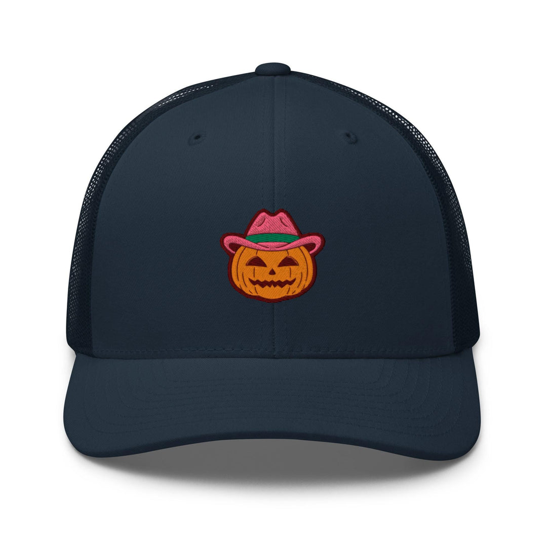 a trucker hat with a pumpkin wearing a hat