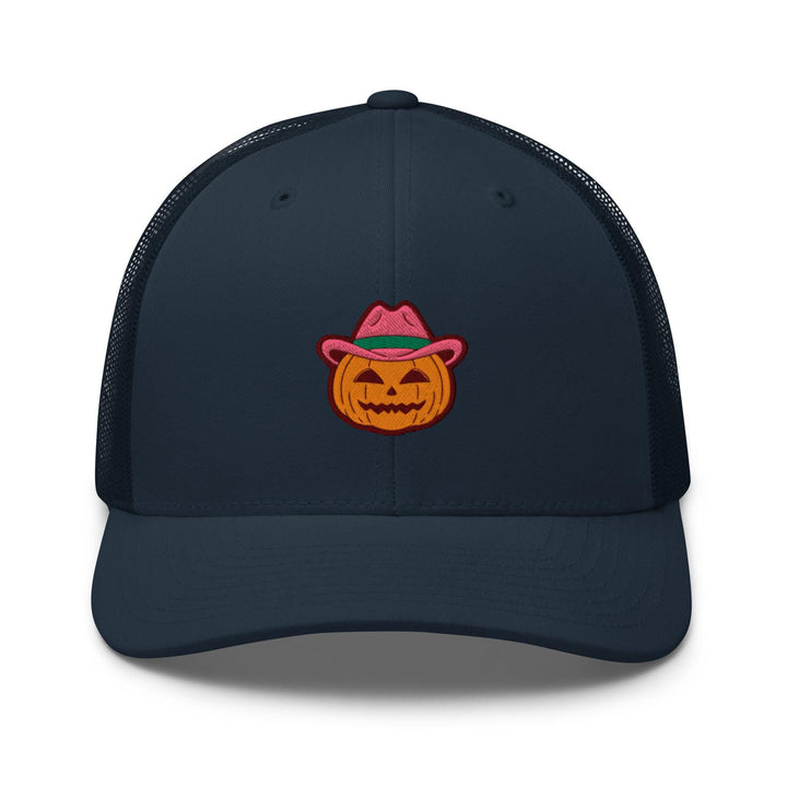 a trucker hat with a pumpkin wearing a hat