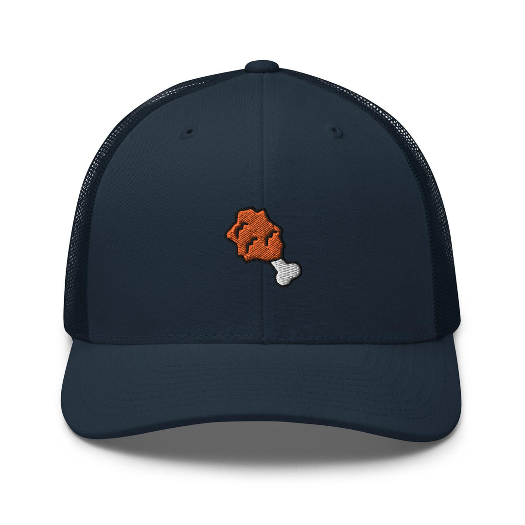 a blue trucker hat with a picture of a teddy bear