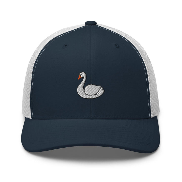 a blue and white hat with a white swan on it