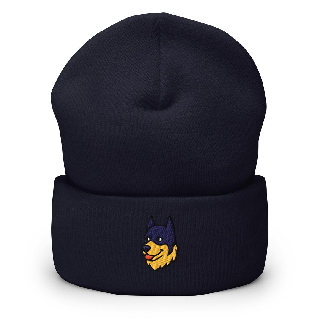 a blue hat with a yellow dog on it