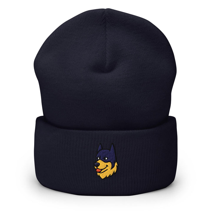 a blue hat with a yellow dog on it