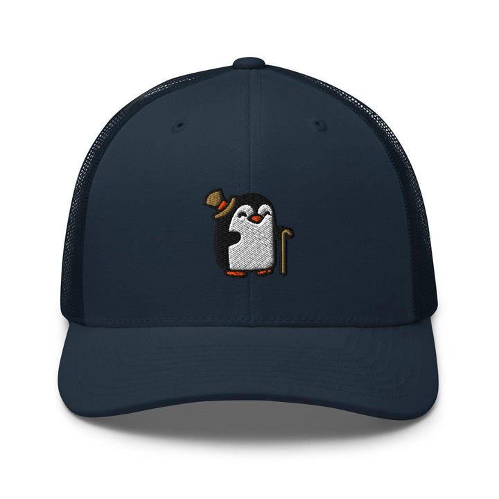 a blue trucker hat with a penguin on it