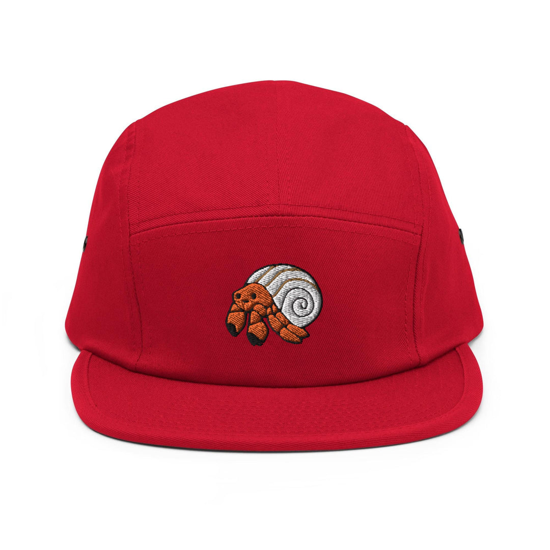 a red hat with a snail embroidered on it