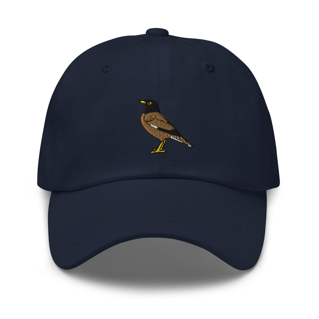 a blue hat with a bird embroidered on it