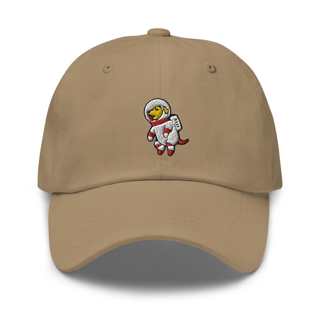 a khaki colored hat with an image of an astronaut on it