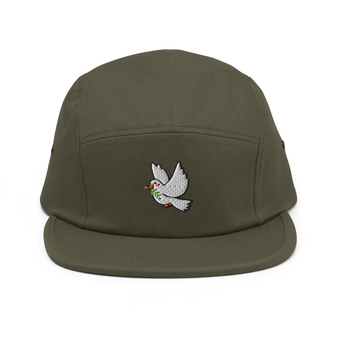 a green hat with a bird embroidered on it
