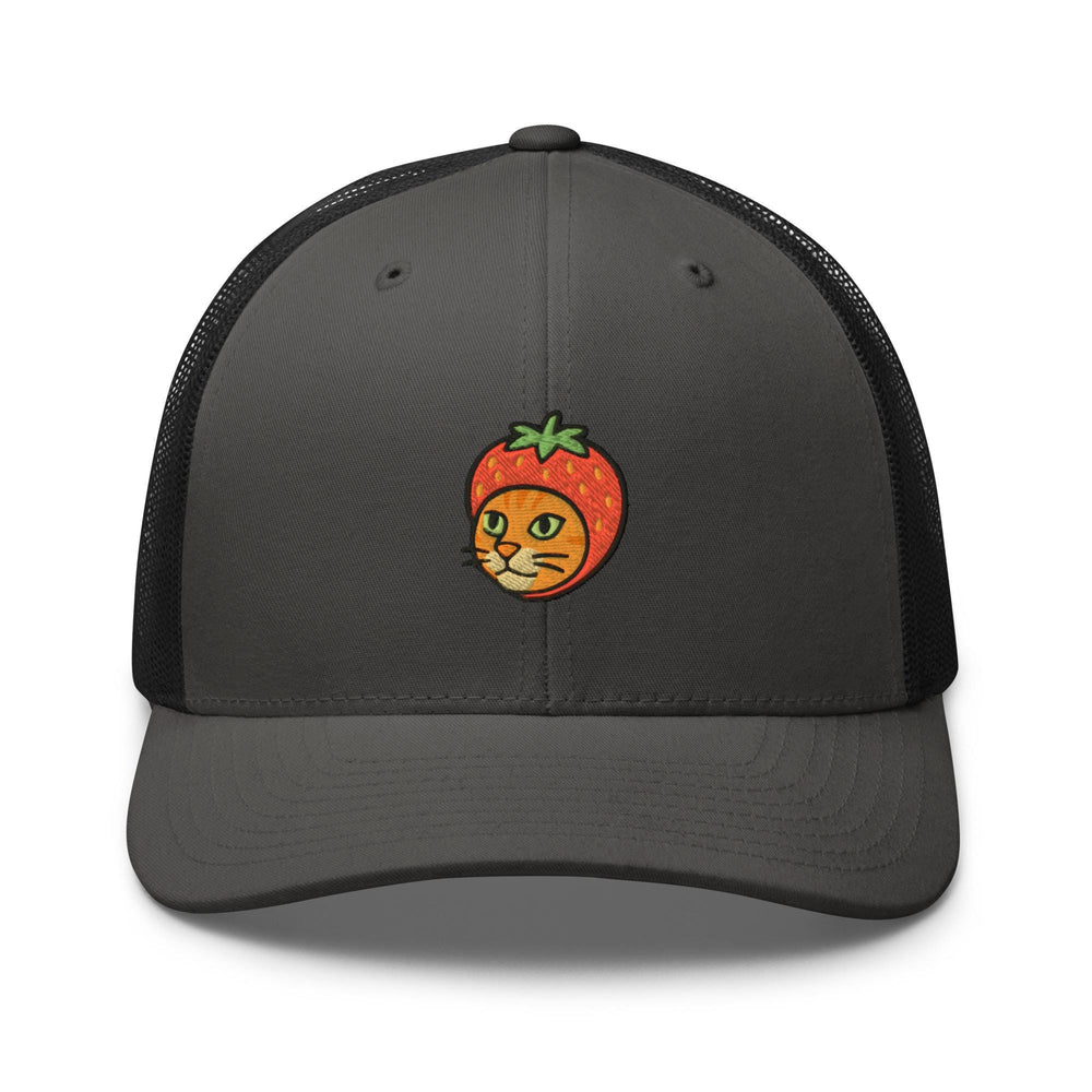 a gray trucker hat with an orange cat on it