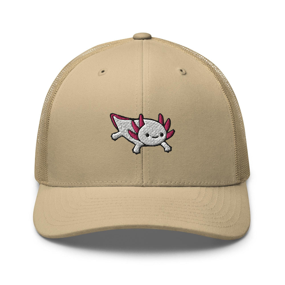 a tan trucker hat with a skull and bones embroidered on the front