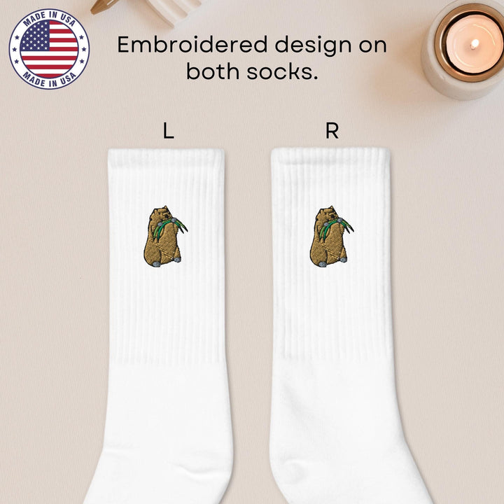 a pair of socks with a picture of a dog on it