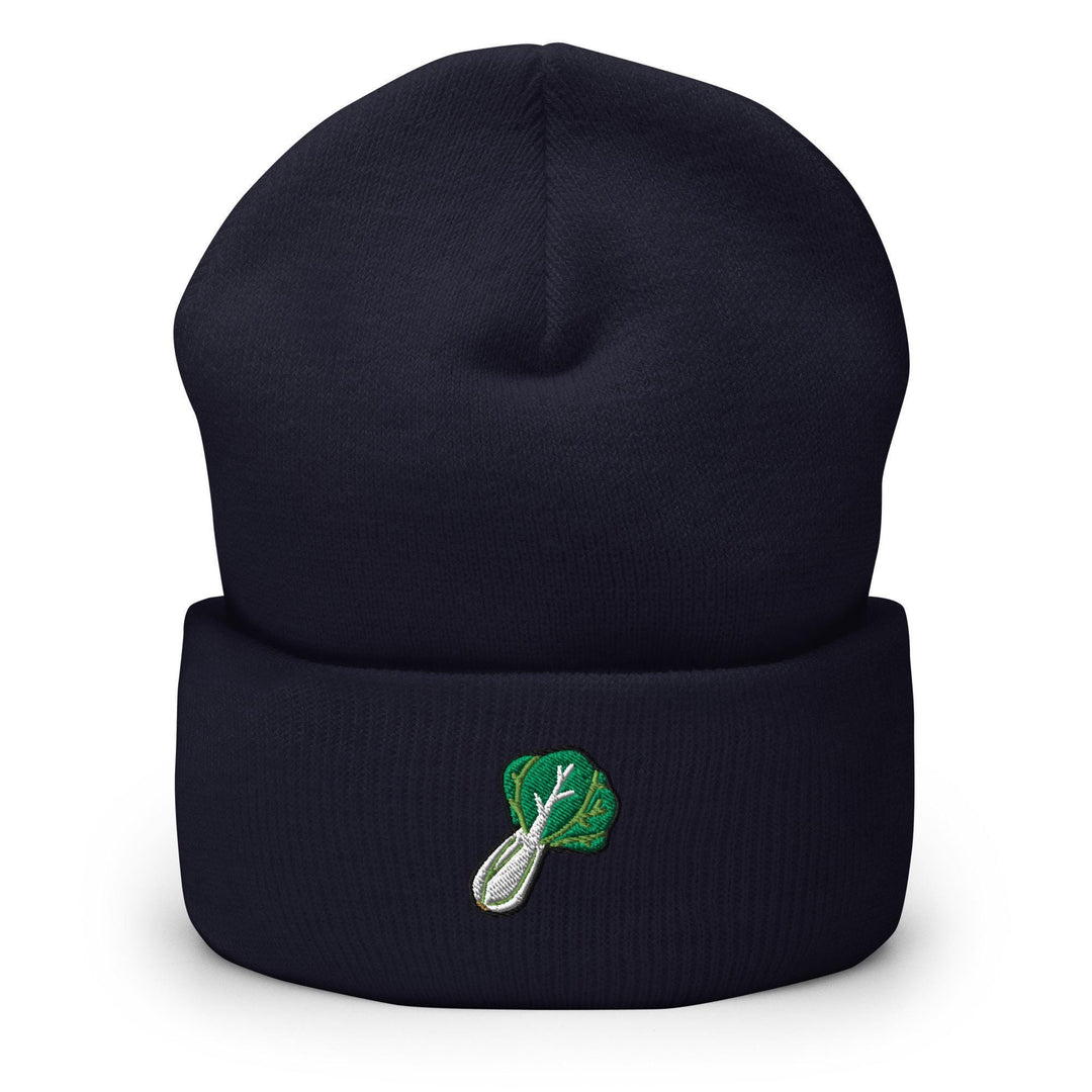 a beanie with a green leaf on it