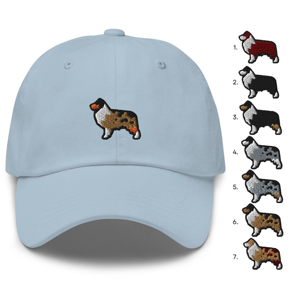 Embroidered australian shepherd dog design on a dad cap