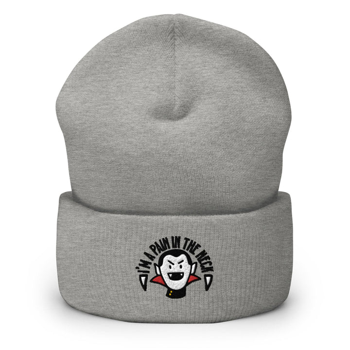 a grey beanie with a penguin on it